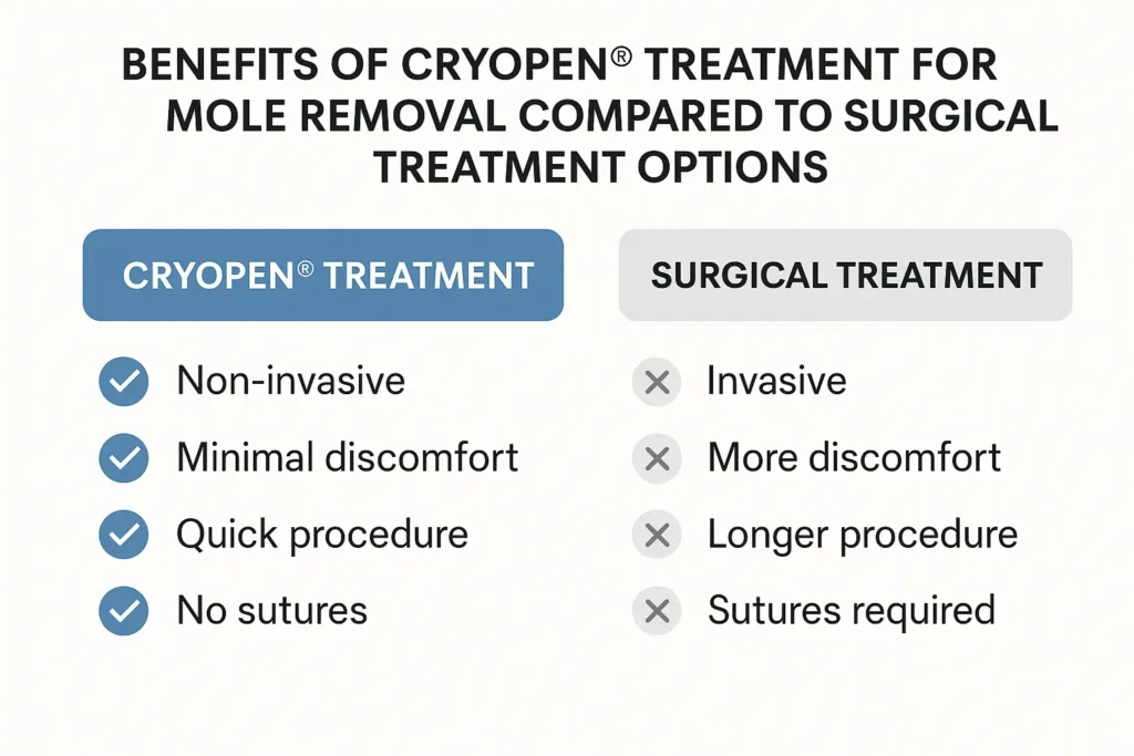 Table to show the benefits of getting moles removed Durham from LA LIPO
