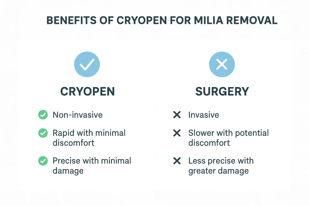 Benefits of cryopen for milia removal Durham compared to surgical treatments.
