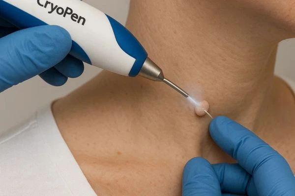 Person receiving cryotherapy Durham for skin tag removal