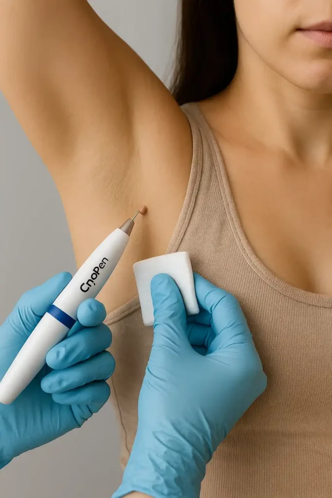 woman having cryopen to remove underarm skin tags Durham