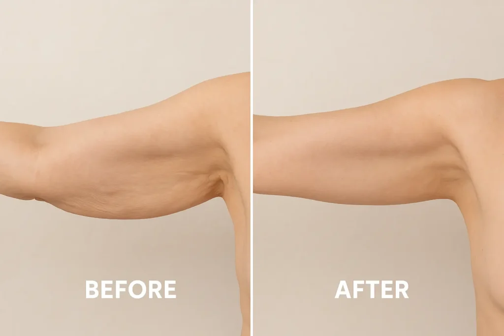 Picture of LA LIPO Durham before and after results of skin tightening treatment on the upper arms.