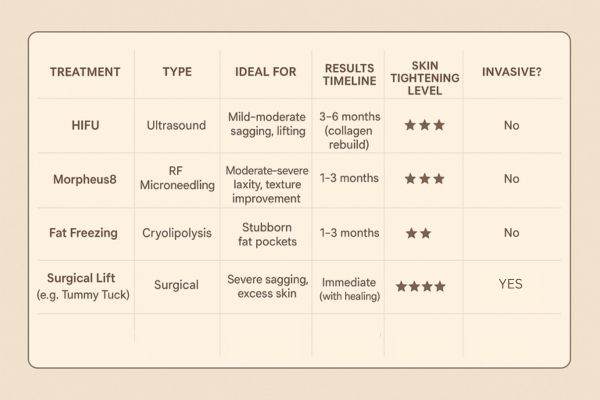 Table showing the comparisons of Skin tightening Durham treatment options. 